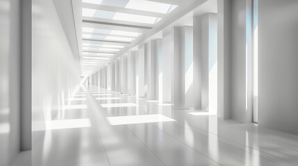 Fototapeta na wymiar The image shows a long, empty hallway with white walls and a shiny floor.