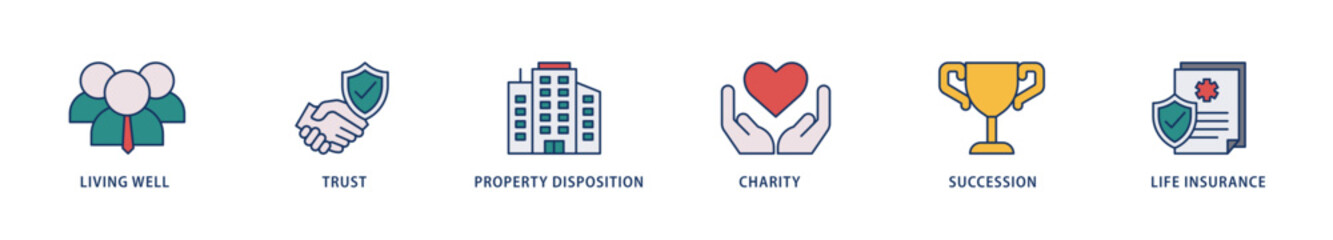 Estate planning icons set collection illustration of living well, trust, property disposition, charity, succession, life insurance icon live stroke and easy to edit 