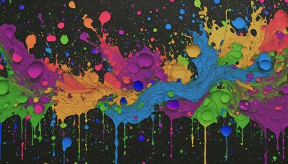 泥のようで色彩豊かな絵具の液体が漆黒の画用紙に飛び跳ね、乱雑にデザイン性を与える - obrazy, fototapety, plakaty