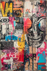 Fototapeta premium A vibrant collage of graffiti pieces on a long urban wall, reflecting diverse styles and colors.