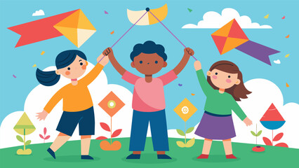 Children decorating their kites with messages of equality and justice.. Vector illustration