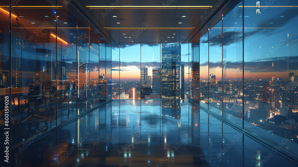 Poster sleek and contemporary office design with glass partitions showcasing urban views, creating an open 
