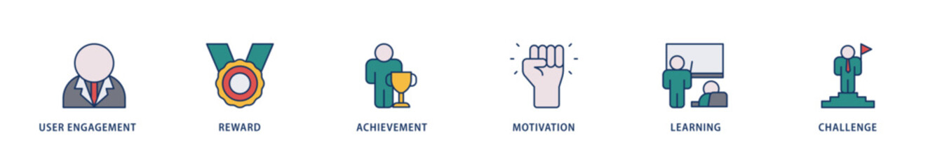Gamification icons set collection illustration of user engagement, reward, achievement, motivation, learning, and challenge icon live stroke and easy to edit 