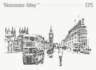 Vector illustration of a double decker bus with Westminster Abbey in London - obrazy, fototapety, plakaty
