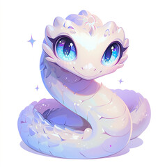 2025 cute cartoon snake with blue eyes and a smile. The snake is sitting on a white background