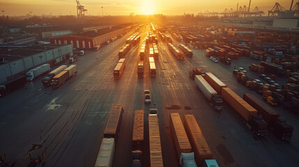 Busy warehouse operations at sunset with trucks loading goods, showcasing the logistics industry's efficiency and scale.