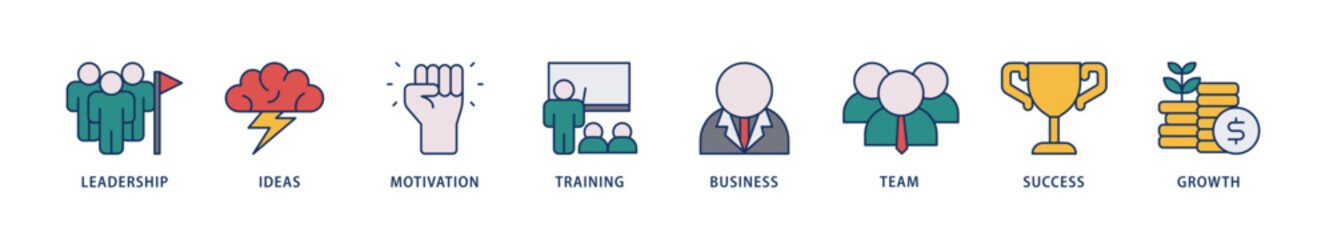 Learn and lead icons set collection illustration of leadership, ideas, motivation, training, business, team, success, and growth icon live stroke and easy to edit 