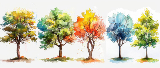 A collection of hand drawn watercolor trees in a forest setting.