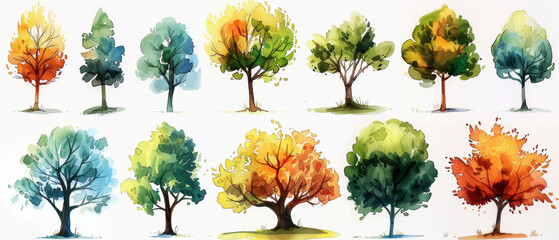 A collection of hand-drawn watercolor trees, perfect for creating a forest setting in your artwork.