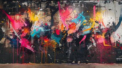 Obraz premium Abstract mural with distorted figures and neon splashes on downtown loft wall.