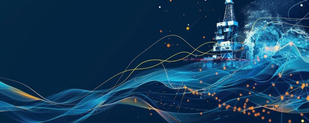 Abstract representation of subsea drilling in action with dynamic light effects and waves