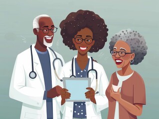A group of doctors and nurses, wearing glasses and stylish eyewear, are smiling and sharing a happy moment. Some have afros and Jheri curls, all ready to provide vision care with a caring gesture