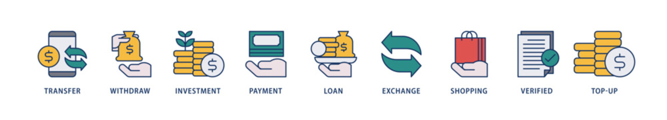 Mobile banking icons set collection illustration of transfer, withdraw, investment, payment, loan, exchange, shopping, verified and top up icon live stroke and easy to edit 