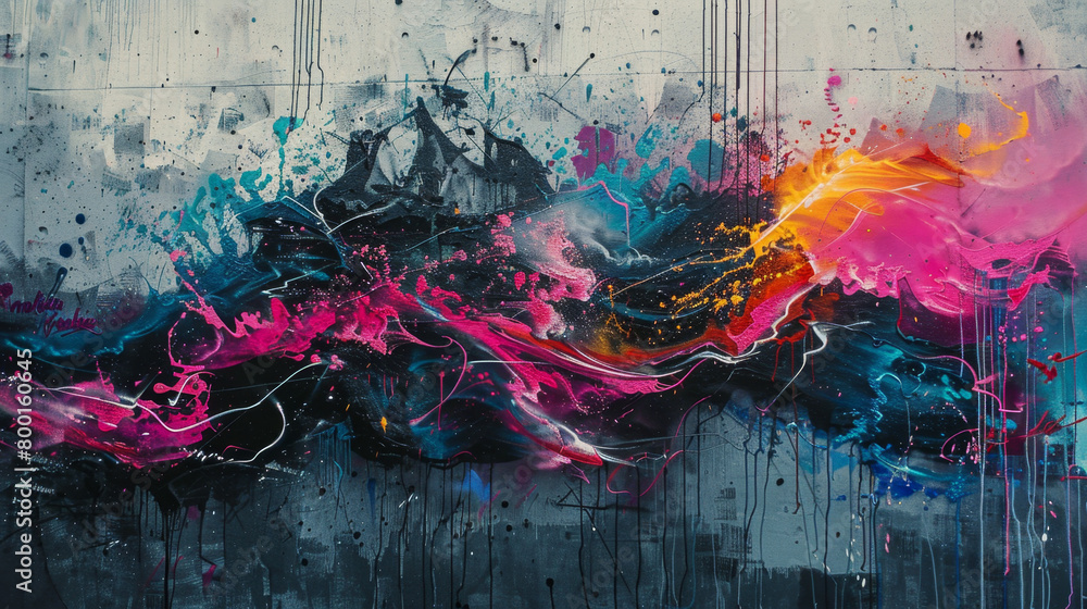 Poster an abstract mural with distorted figures and splashes of neon on a downtown loft wall captures the e