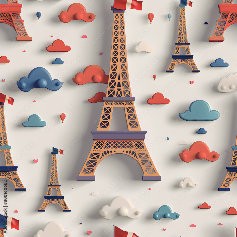 Aufkleber a pattern of three paper cutouts of the eiffel tower with flags flying around them. the flags are of