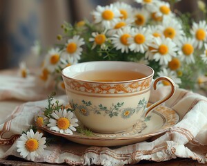 Obraz na płótnie Canvas A beautiful chamomile teacup with chamomile flowers on a white background
