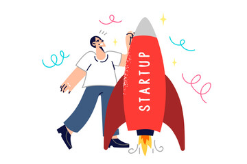 Man launches startup, stands near spaceship ready to fly into space on research mission