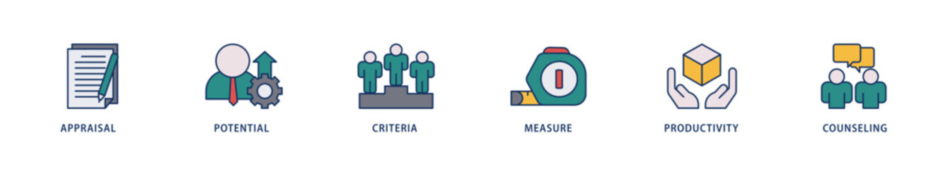 Performance review icons set collection illustration of appraisal, potential, criteria, measure, productivity, and counseling icon live stroke and easy to edit 