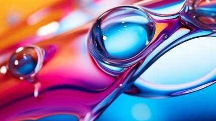 3d render of a blue and purple glossy sphere floating in a rainbow colored liquid