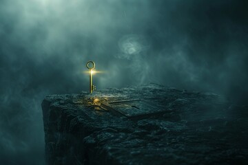 Mysterious atmosphere with a shimmering golden key floating towards a lock pad, dark ethereal fog in the background - obrazy, fototapety, plakaty