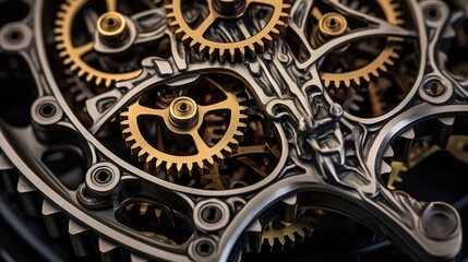 A close up of a steampunk clockwork mechanism with gears and cogs.