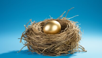 A golden egg in a nest on a blue background.