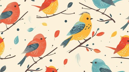 spring birds with flower and tree refreshing positive feeling, seamless pattern  nursery design cartoon style illustration with grungy texture, Generative Ai