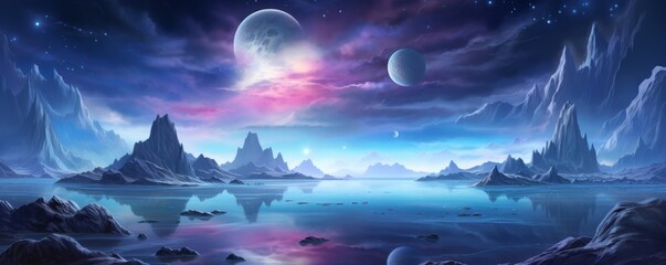 An alien landscape with a lake in the foreground and two moons in the background. The sky is dark and there are stars and clouds. The landscape is rocky and mountainous.