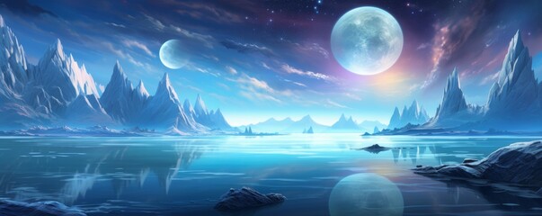 An icy moon landscape with a blue sky and two moons.