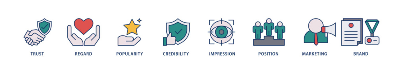 Reputation management icons set collection illustration of brand, marketing, credibility, position, impression, popularity, regard, trust icon live stroke and easy to edit 