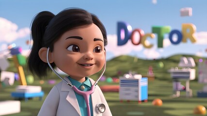 3D cute girl doctor, - obrazy, fototapety, plakaty