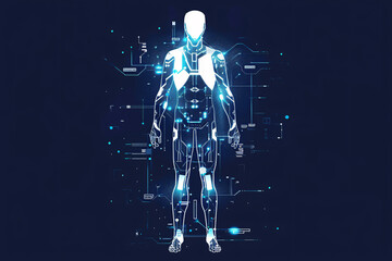 Front view of a digital blue humanoid robot with intricate circuit patterns against a dark background