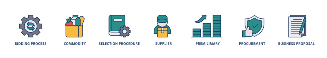 Rfp icons set collection illustration of business proposal, supplier, procurement, premilimary, selection procedure, commodity, bidding process icon live stroke and easy to edit 