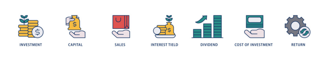 Roi icons set collection illustration of return, interest tield, cost of investment, dividend, sales, capital, investment icon live stroke and easy to edit 