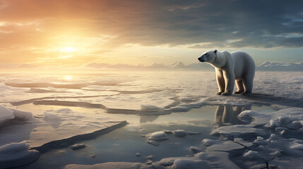 polar bear trying to survive on melting ice, global warming and climate change concept 