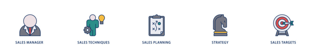 Sales management icons set collection illustration of manager, sales techniques, planning, strategy, and targets icon live stroke and easy to edit 
