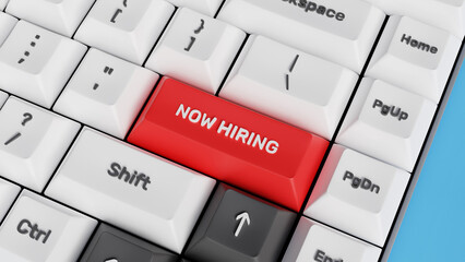 Job Recruitment. Human resources, job vacancy, recruiting and hiring concept. Now Hiring 3D keyboard button