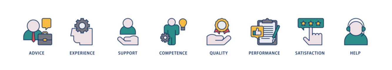 Service icons set collection illustration of advice, experience, support, competence, quality, performance, satisfaction, help, and call center icon live stroke and easy to edit 