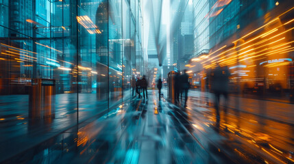 Obraz premium Dynamic long exposure shot of a bustling business lobby, capturing the fast movement of people with streaks of light, conveying a sense of urgency and energy.