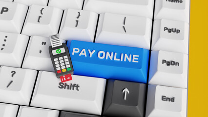 Online payment service. Online shopping, electronic payment and e-banking concept. Disbursement, remuneration, paid. 3D Pay Online keyboard key with POS terminal