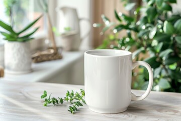 White Blank Mug Mockup in Photographic Scene created with Generative AI