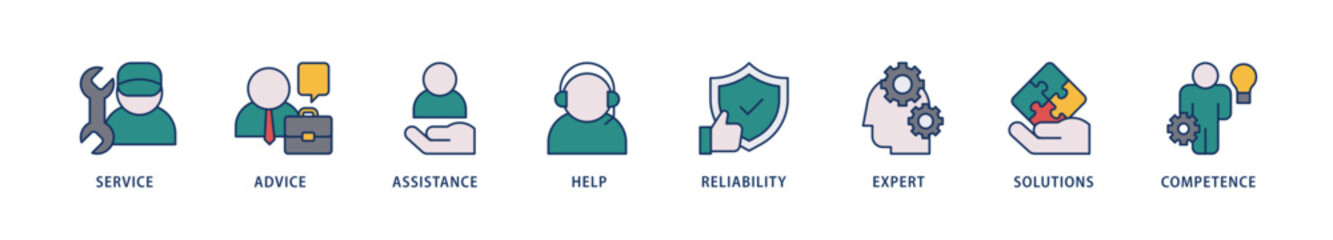 Support icons set collection illustration of service, advice, assistance, help, reliability, expert, solutions and competence icon live stroke and easy to edit 