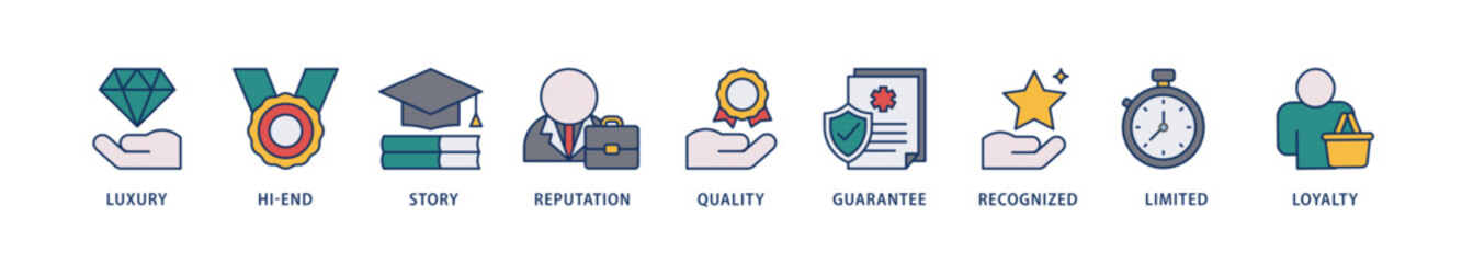 Superbrand icons set collection illustration of luxury, hi end, story, reputation, quality, guarantee, recognized, limited and loyalty icon live stroke and easy to edit 