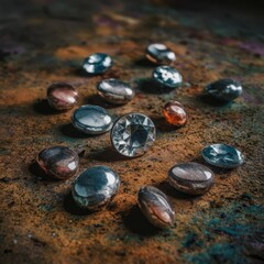 Gems, ancient treasures, precious stones, crystals in the dust