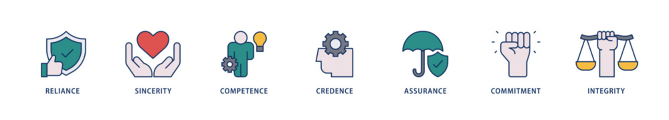 Trust icons set collection illustration of integrity, credence, commitment, assurance, competence, sincerity, reliance icon live stroke and easy to edit 