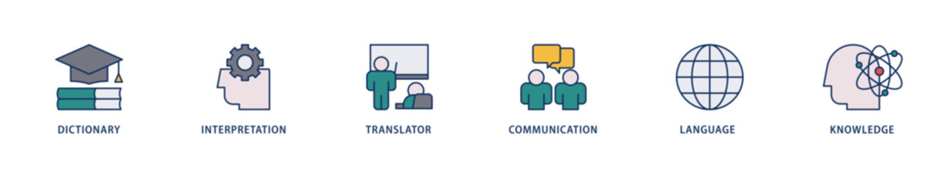 Translation icons set collection illustration of dictionary, interpretation, translator, communication, language, and knowledge icon live stroke and easy to edit 