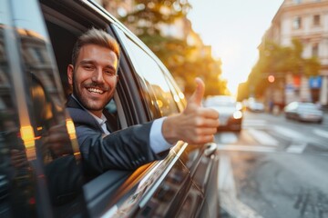 Happy businessman in suit giving thumbs up while driving luxury car, close up side view - Powered by Adobe