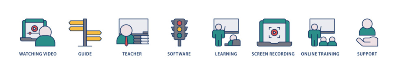 Video tutorial icons set collection illustration of watching video, guide, teacher, software, learning, screen  recording, online training, support icon live stroke and easy to edit 