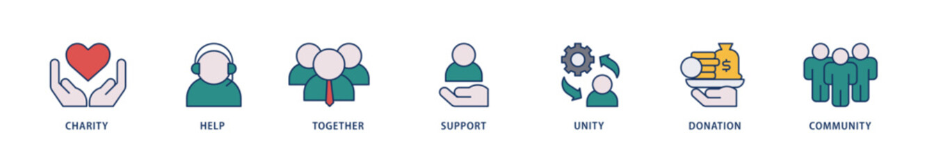 Volunteering icons set collection illustration of charity, help, together, support, unity, donation, and community icon live stroke and easy to edit 