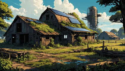 Rustic farmland with old wooden barns.